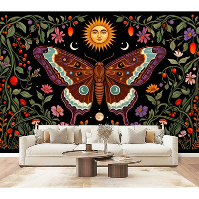 Peel and Stick Wallpaper Mystical Moth Floral Sun Designs Vibrant Colors Magical Dark Gothic Wall Murals 69"H x 96"W Removable PVC Wall Paper Self-Adhesive Wall Paintings Art Decor for Bedroom Living Room