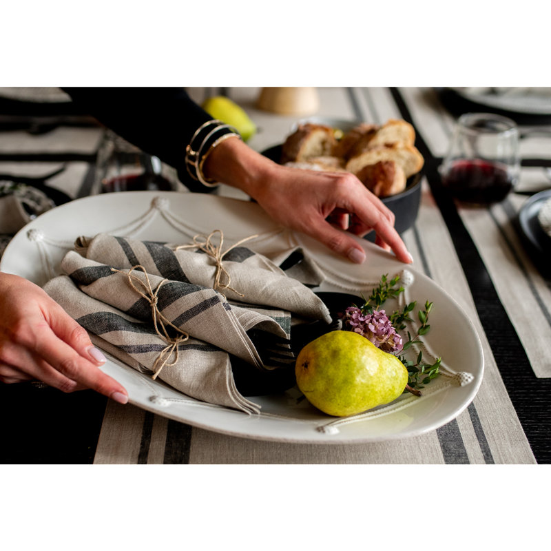 French Stripe - 100% Pure Linen Dinner Napkins, Black and Natural