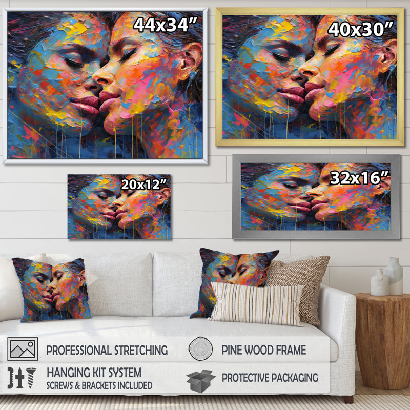 Embrasse douce féminine III sur toile, H 16 po x l 32 po x P 1 po, Cadre photo noir