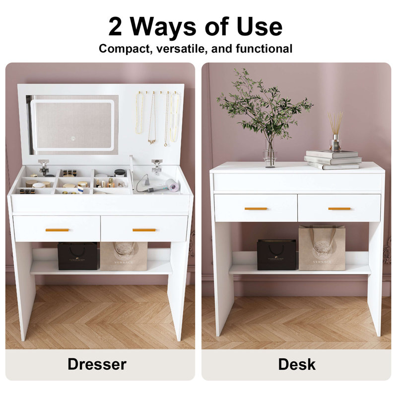 Flip Top Vanity Desk With LED Lighted Mirror & Built-In Outlet - Makeup Vanity Table With 2 Drawers, Open Storage, Hooks For Jewelry (No Stool Included)