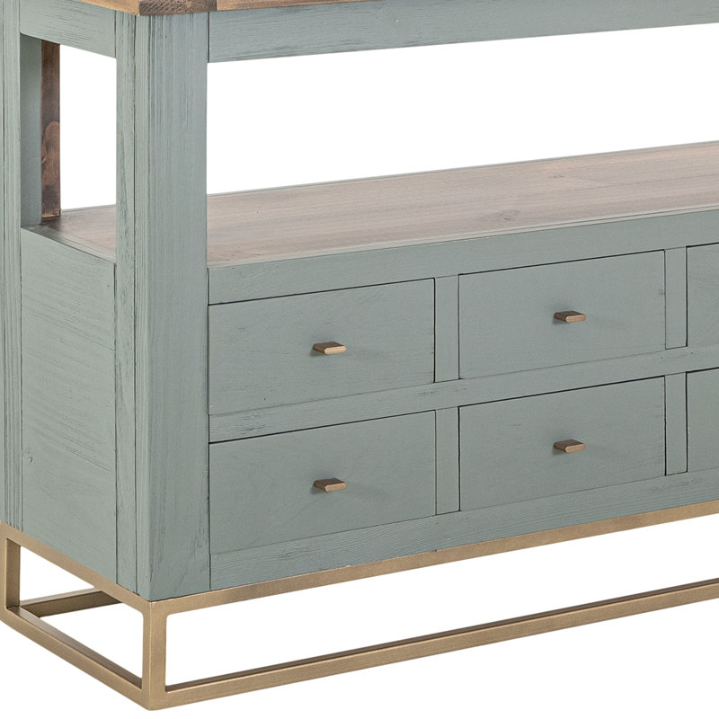 Table de canapé Timmy, 8 tiroirs, 1 tablette, bois de pin vert sauge, 55 pouces