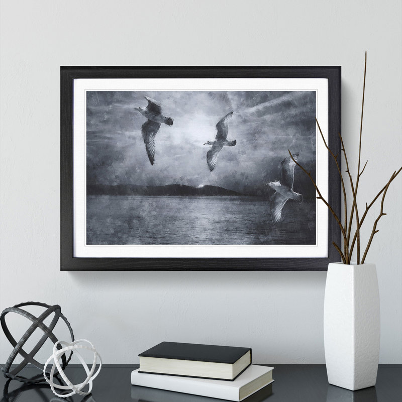 Three Seagulls - Picture Frame Graphic Art, 48cm H x 65cm W x 2cm D, Black