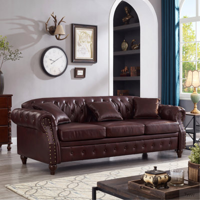 85.8" Living Room Chesterfield Sofa Classic Tufted Design Faux Leather PU Upholstered Sofa With Storage (Burgundy)