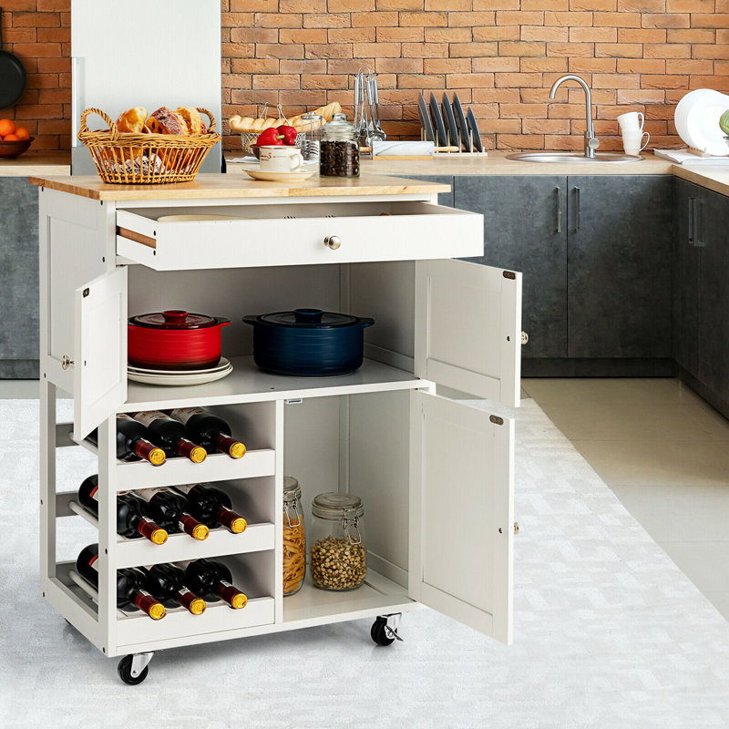 Îlot de cuisine 26,5 po avec plateau en bois massif et roulettes verrouillables, Blanc