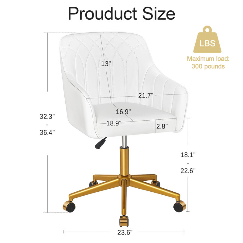 Adjustable White PU Leather Office Chair with Wheels, Ergonomic Swivel Vanity Chair with Gold Metal Base, White
