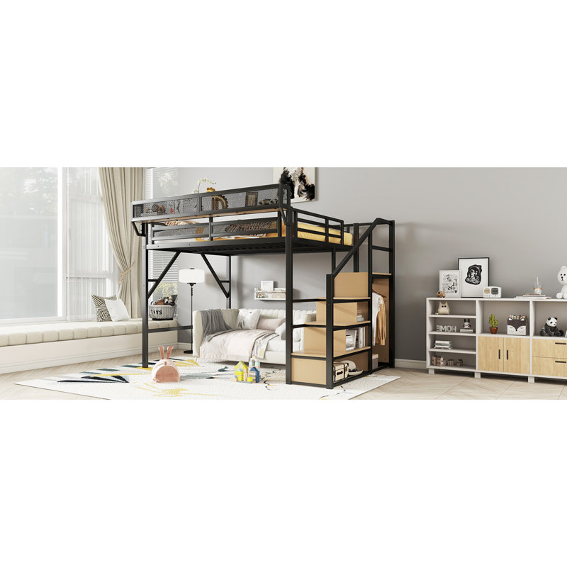 Lit mezzanine en métal peu encombrant avec rangement intégré de style moderne pour chambre d'enfant et d'adolescent, Queen