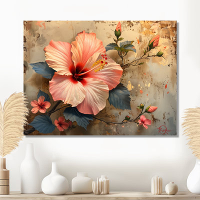 Vintage Pink And Beige Hibiscus Fragile Beauty - Hibiscus Wall Art Living Room
