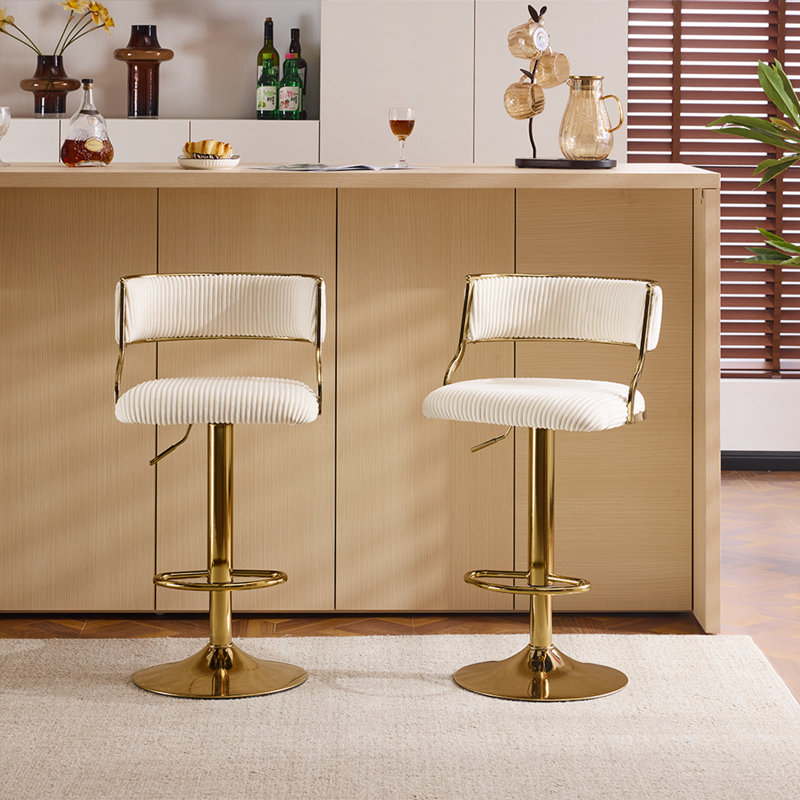 Beige 2pcs Bar Stools with Thick Corduroy Seat Electroplated Gold Trumpet Disk Base and Swivel Function, Cream