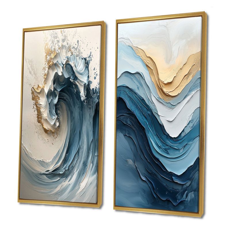 Ensemble de 2 pièces d'art mural marbré blanc et bleu - vagues côtières, H 28 po x l 24 po, Impression encadrée, Doré