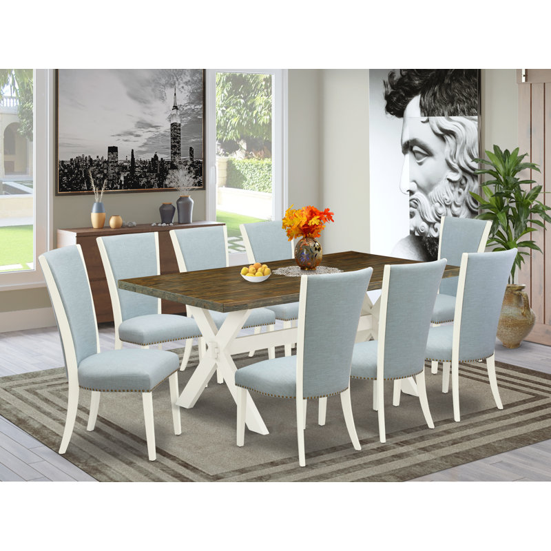 Laumann Solid Wood Dining Set, Distressed Jacobean/Linen White, 9 Pieces: Table, 8 Chairs, Baby Blue