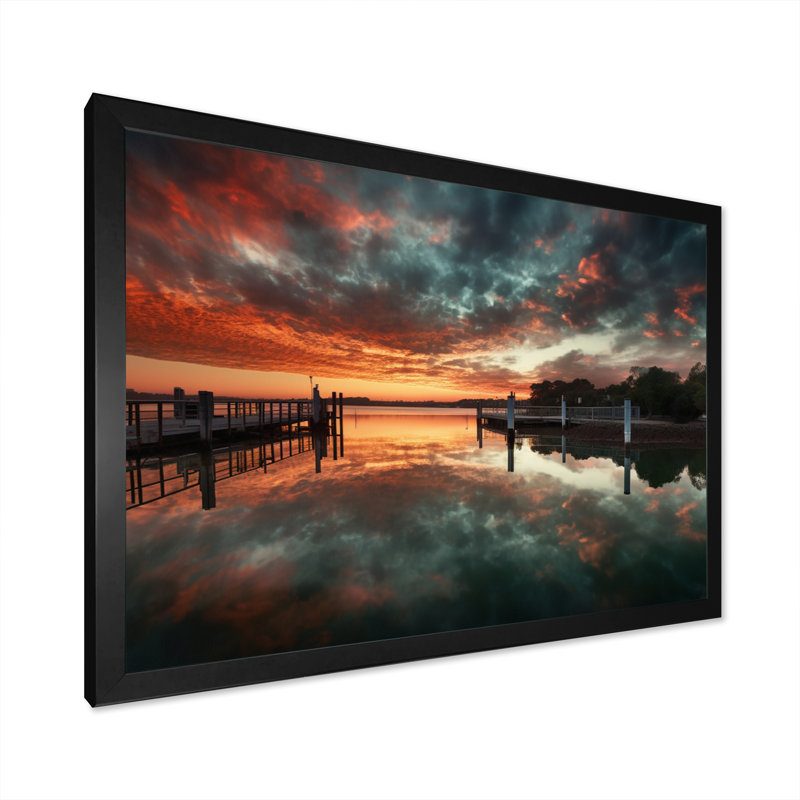 " Sunset Over Port III ", Black Picture Framed, 12" H x 20" W x 1" D