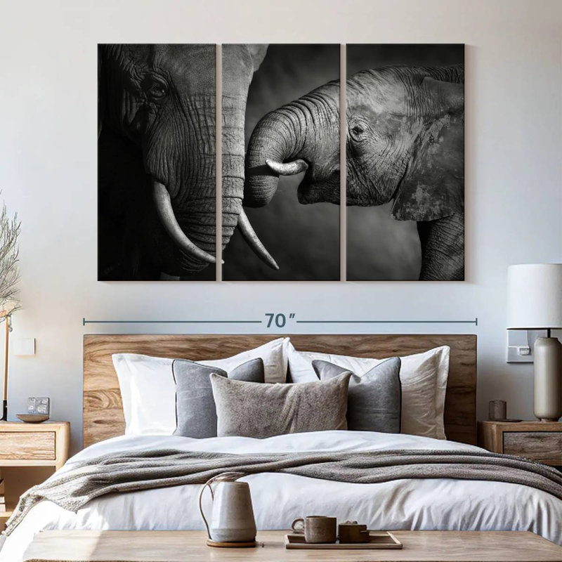 Éléphant 3 pièces d'affection sur toile, H 42 po x l 65 po x P 1,25 po
