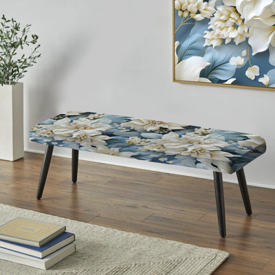 Banc rembourré damassé blanc et bleu Misty
