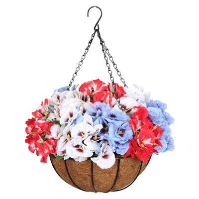 Outdoor Artificial Hanging Plants with Basket Pansy Delphinium Artificial Flower Porch Patio Yard Decor