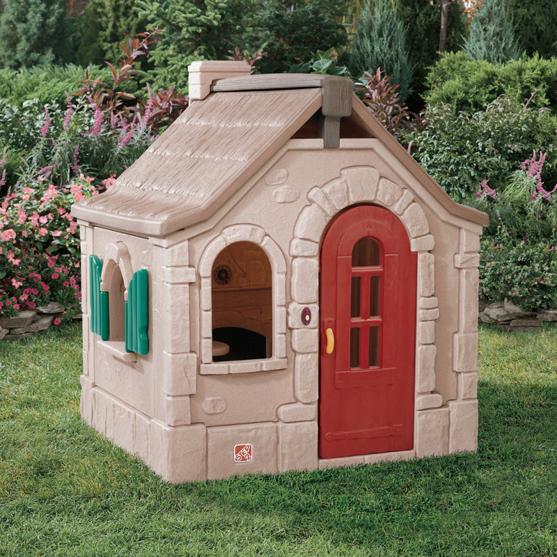 Naturally Playful Brown Plastic Cottage Playhouse with Red Door