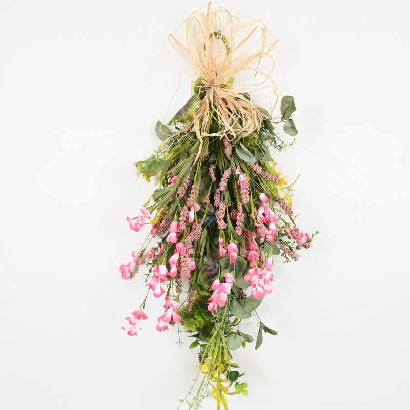 Décoration murale 24 "Artificielle ferme printemps été fleurs sauvages, Rose / Vert