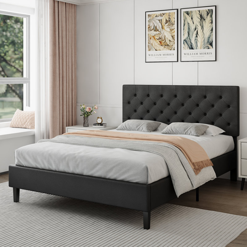 Bed Frame with Headboard, Upholstered Platform Bed with Button Tufted Desigh, Black, Full