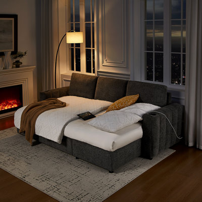 Canapé-lit modulaire réversible en tissu gris de 96 po Noemi II avec méridienne de rangement, porte-gobelets, port de chargement USB et coussins décoratifs