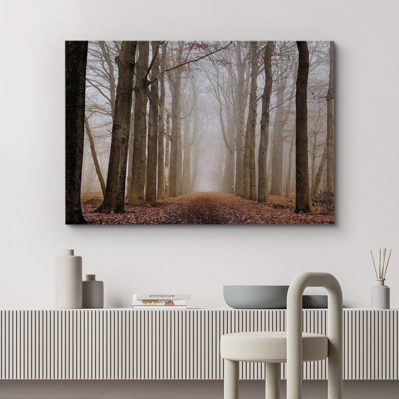 " A Road Through The Misty Brown Autumn Fall Forest Trees ", Wrapped Canvas, 24" H x 36" W