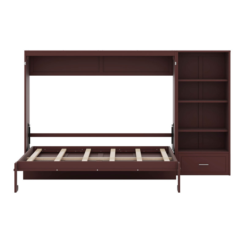 Grand lit escamotable avec tablette réglable en hauteur et 1 tiroir, Noyer