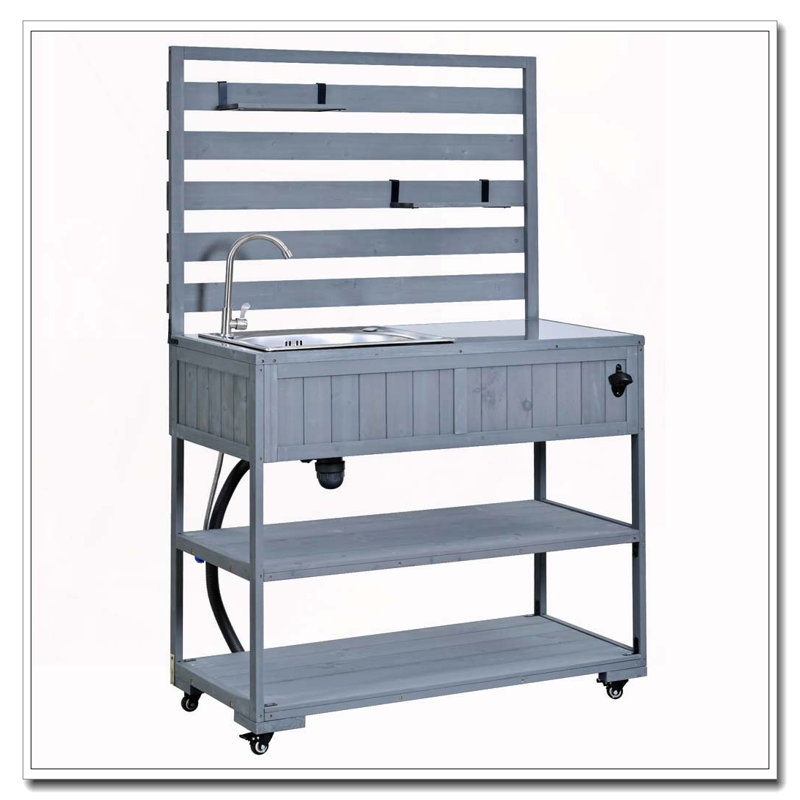 41.7'' Large Patio Rolling Kitchen Island Solid Wood Kitchen Cart with Sink, Garden Potting Bench with Stainless Table Top