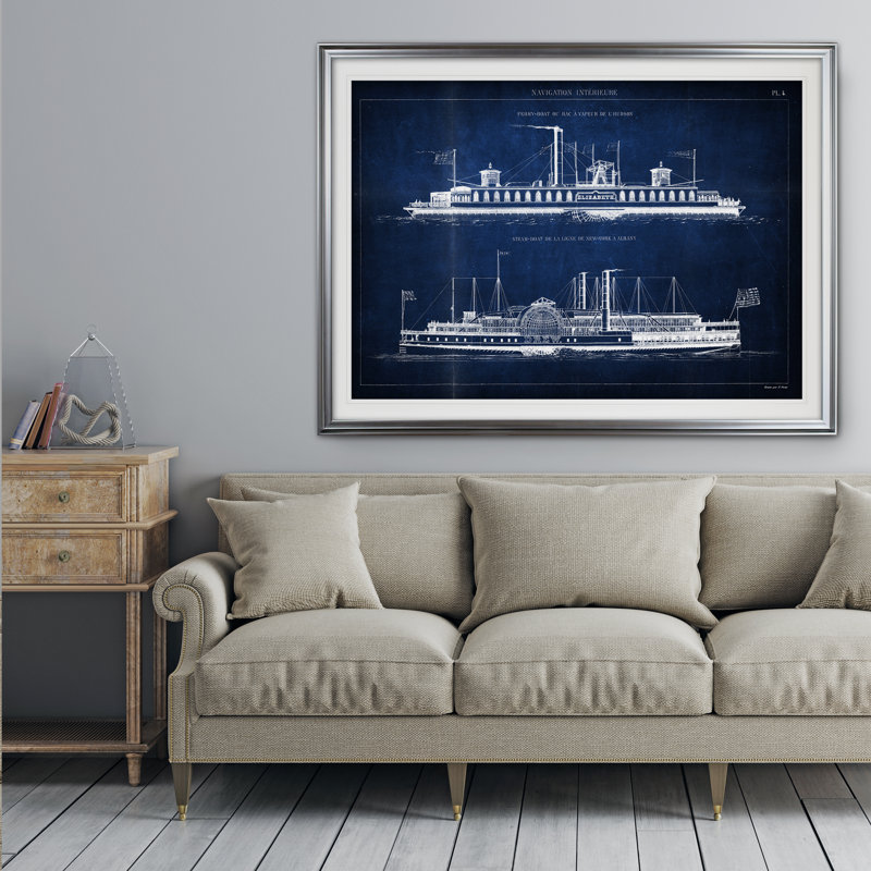 «Vintage Italian Steamboat Pochoir II», reproduction d'impression, H 18 po x l 27 po x P 1,5 po, Cadre argenté