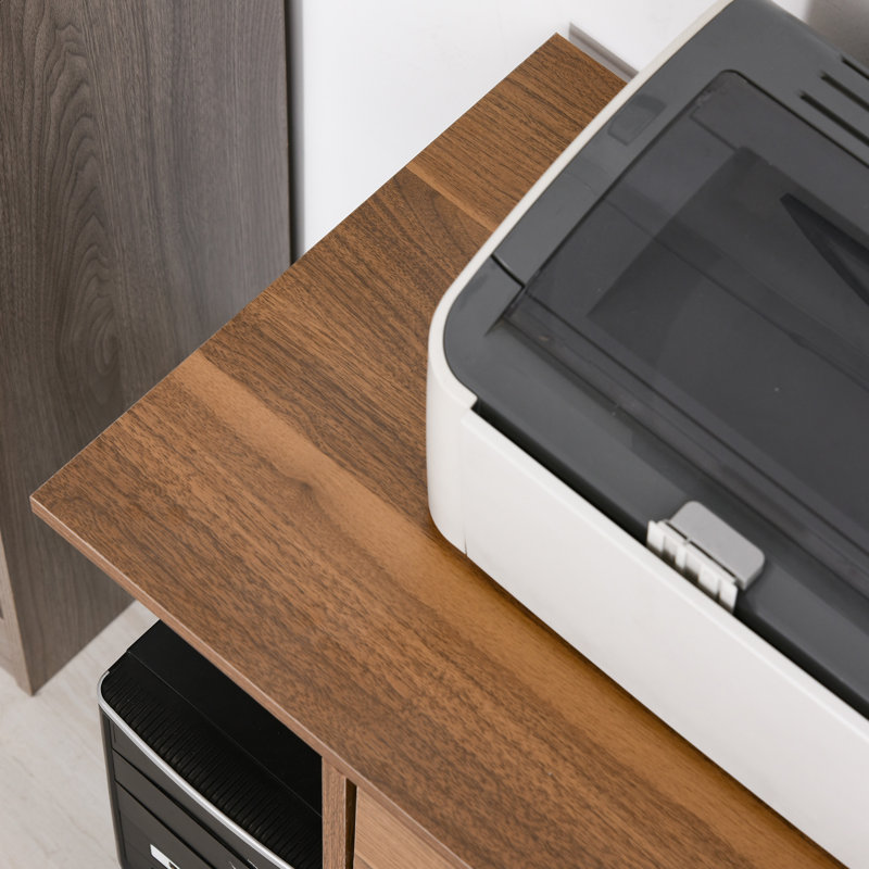 Walnut Particleboard Rolling Printer Stand with Drawer and Shelves