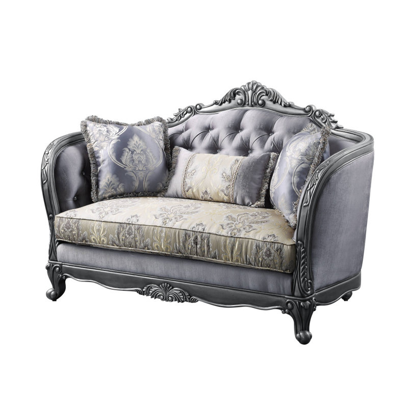 Causeuse et coussins en mélange de soie 65 po gris et platine