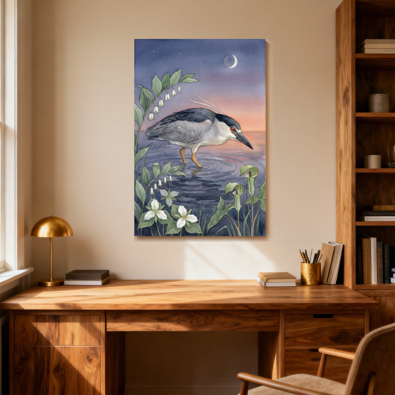 Animaux, nuit, héron, lune, fleurs d'eau, plantes, ciel, H 36 po x l 24 po