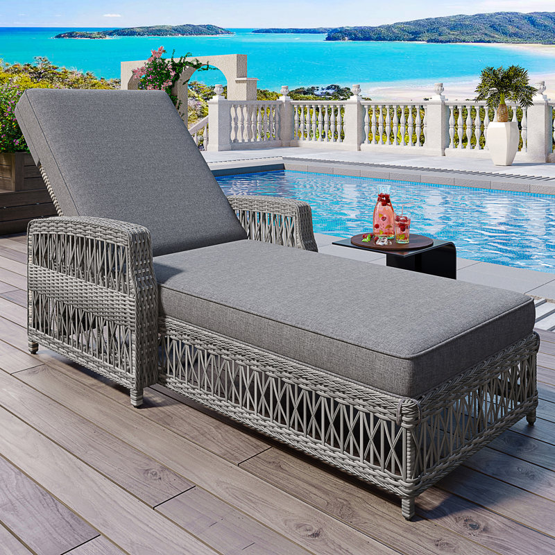 Outdoor Long Reclining Chaise, Wicker Lounge With Armrests, Patio Adjustable Recliner With Soft Removable Cushions, All Weather Rattan Pool Lounge For Poolside & Garden