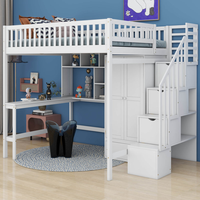 Lit mezzanine double avec tiroirs Jamesy Kids, Blanc