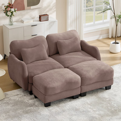Chenille Supportive Loveseat Sofa with Delicate Waist Pillow and Movable Ottoman, Ergonomic Curve Design, Easy to Assemble Modular Couch for Living Room Office