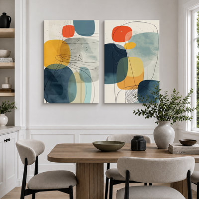 Mid Century Shape "Vibrant Blue & Yellow & Orange Polygon Artwork, Modern Abstract Geometric Wall Pictures, Framed Canvas Giclee Print 2 Pieces Wall Art Set"