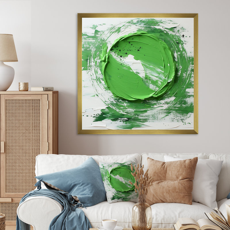 «Green and White Abstract Spiral Collage I», art mural abstrait, Cadre doré simple, H 36 po x l 36 po x P 1,5 po