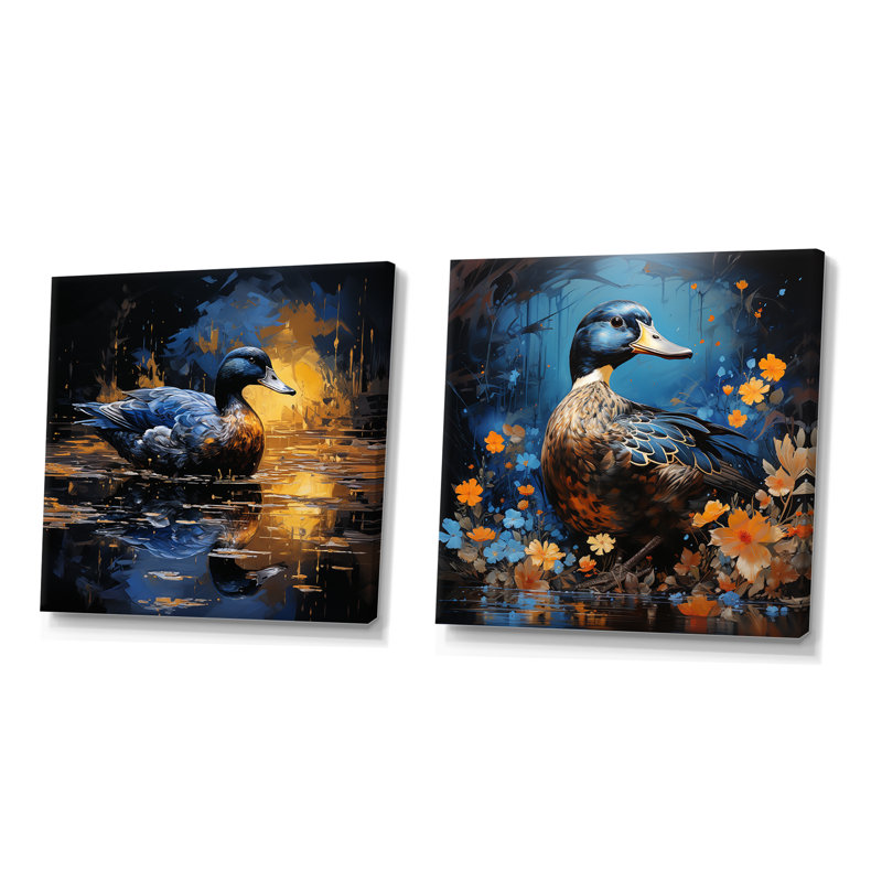 «Blue Duck Midnight Ponder I», ensemble de salon mural 2 pièces, Toile tendue, H 16 po x l 33 po x P 1 po