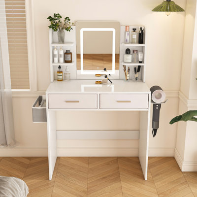 Coiffeuse Kite avec miroir à DEL, 2 tiroirs et support pour sèche-cheveux