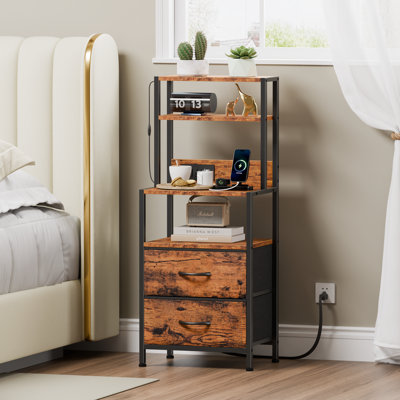 2 LED Charging Nightstands, Tall Bedside Tables with 2 Drawers & 3 Open Shelves Each, 2 Outlets & 2 USB Ports, 3-Color Light Tube