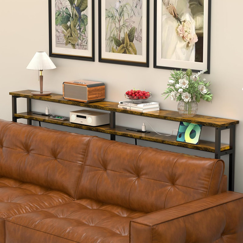 Console à double couche pour console étroite avec prises de courant intégrées et ports USB, rallonge de 4,9 pi, table de canapé robuste derrière le salon ou le bureau, assemblage facile
