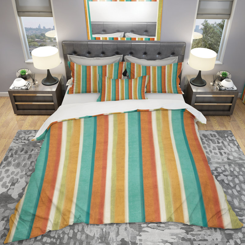 Ensemble de housse de couette à rayures verticales abstraites, Housse de couette très grand + 2 taies décoratives