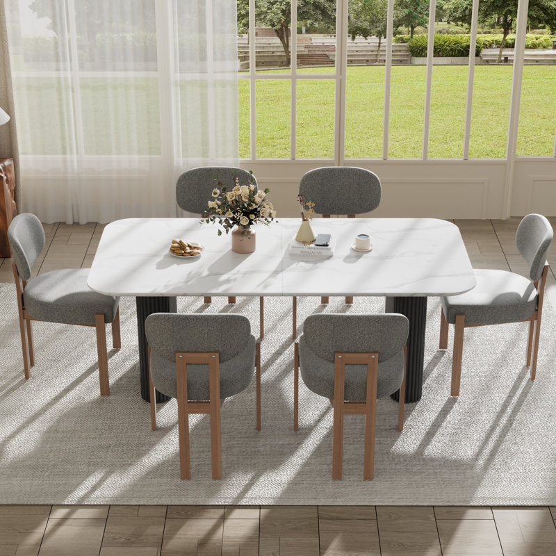 Ensemble de table de salle à manger à double piédestal, 7 Pieces: Table, 6 Chairs, Gray, Black