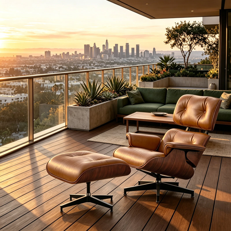 Fauteuil d'appoint et repose-pieds Modern, Cuir brun