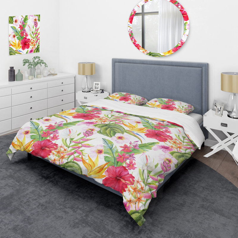 Floral rouge et feuille verte - ensemble de housse de couette floral - microfibre de polyester