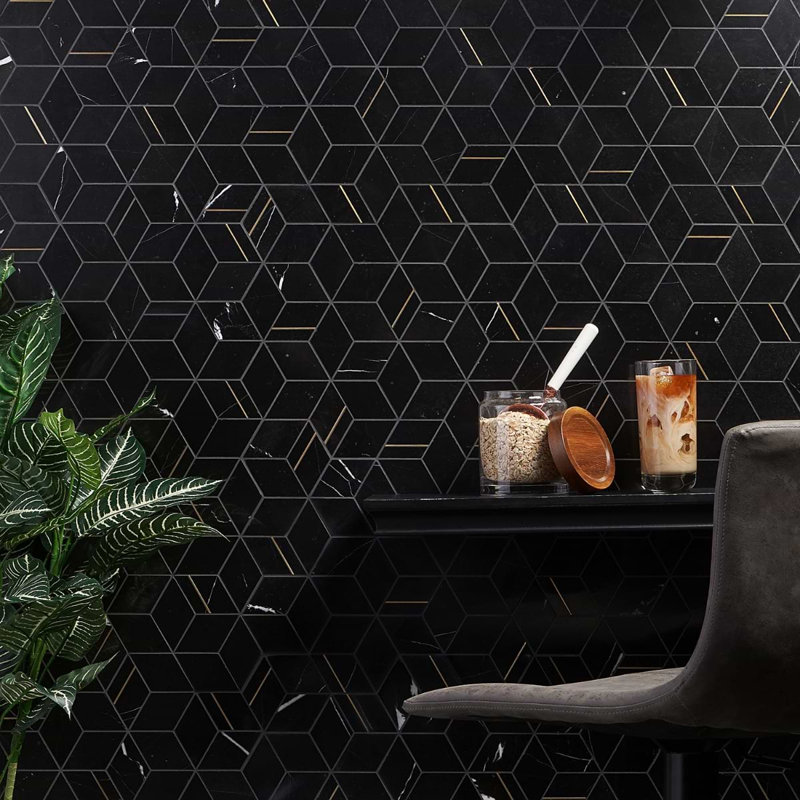 Morgana Polished Marble And Brass Mosaic, Nero