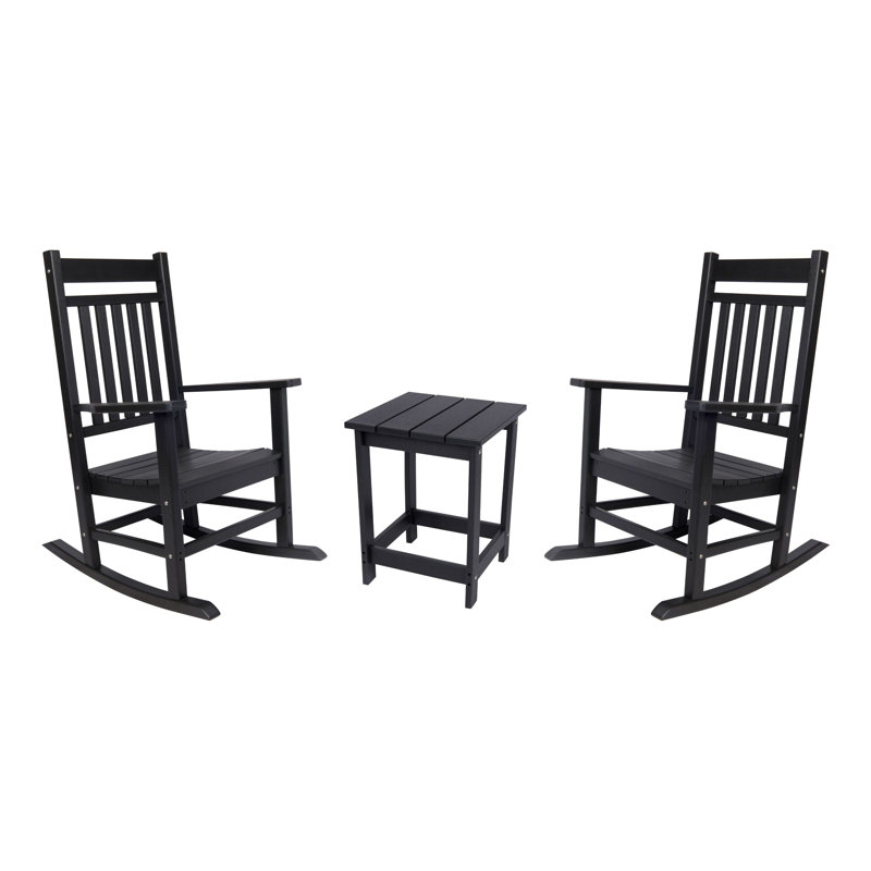 Margherita HDPE Weather-Resistant Adirondack Rocking Chairs with Table Set, Black