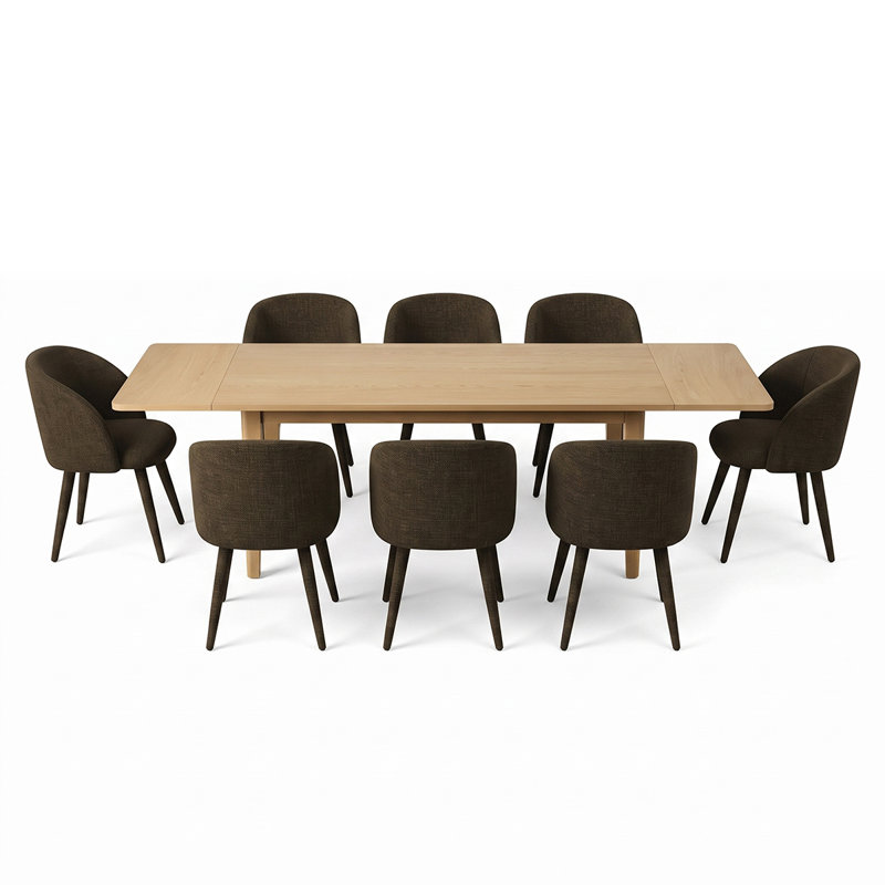 Ensemble de table de salle à manger extensible en placage de bois véritable (72" ​​à 104") avec 8 fauteuils en chenille, Brun