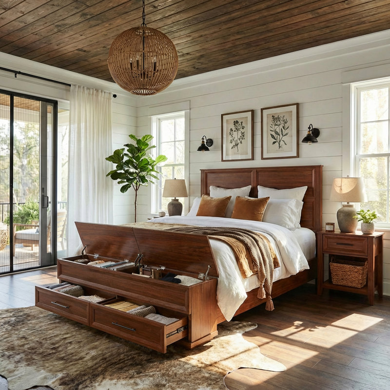 Wood Storage Bed with 4 Drawers and Bench, Geometric Headboard Platform Bed Frame, Walnut, Queen