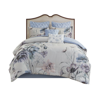 8-piece Cotton Bedding Set, Hypoallergenic, Blue Floral Design, King Size