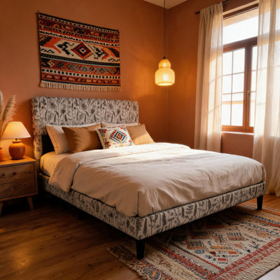 Botanical Print Upholstered Platform Bed Frame with Adjustable Headboard