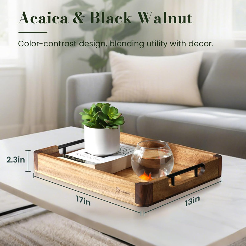 Plateau de service 17 po x 13 po en noyer et bois d'acacia avec poignées