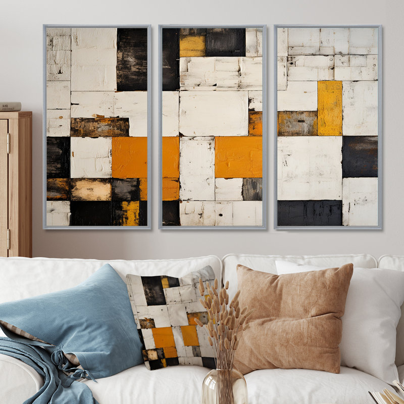 «Cubist Retro Patchwork», ensemble d'art mural abstrait, Encadrement argenté, H 32 po x l 48 po x P 1 po